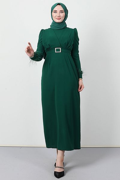 Giza Giyim Φόρεμα Hijab με λεπτομέρεια με πούπουλα σκούρο πράσινο