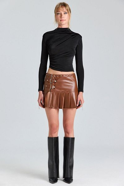 boutiquen 2781 Плисирана кафява кожена пола с цепка