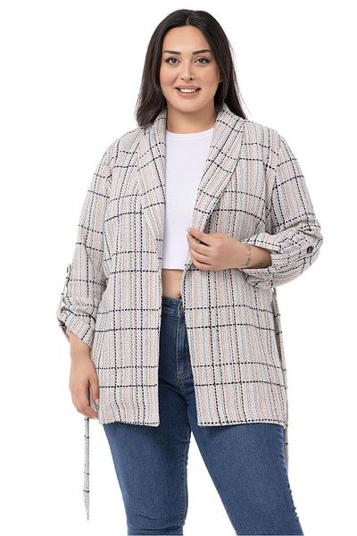 DISENTIS MODEST Large Size Shawl Collar Folded Sleeve Belted Ecru Navy Blue Jacket