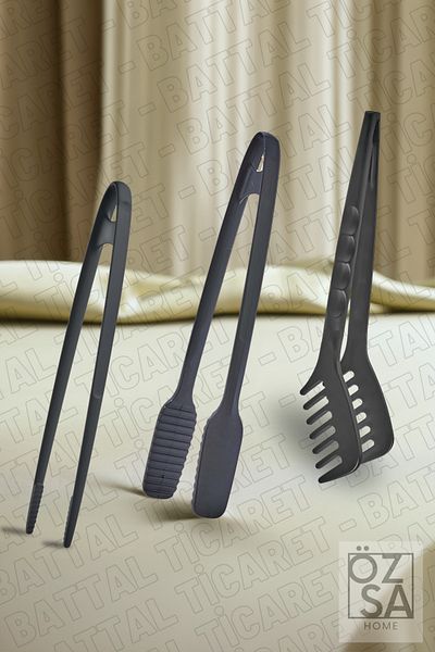 ÖzSa Home 3-Piece Fireproof Non-Stick Hard Teflon Plastic Tweezers Tongs Pasta and Serving Tongs Set 3-Piece Serving Tongs