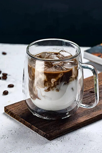 yesilcamsepeti كوب زجاجي مزدوج الجدار سعة 300 مل من زجاج البورسليكات بمقبض مربع