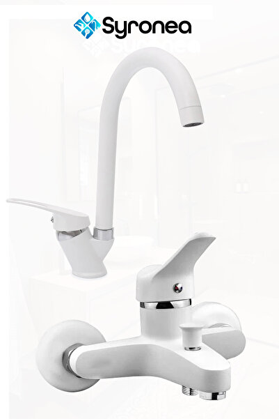 Syronea Beyaz Mix Banyo Duş Bataryası Aç Kapa Lavabo Batayası Seti 2 Parça Mu...