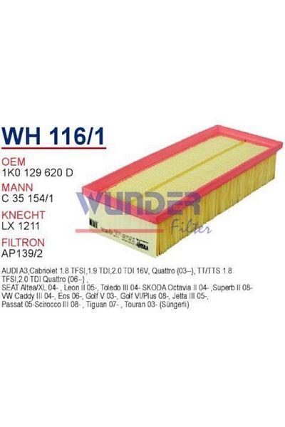 WUNDER Wh116/1 Air Filter - Volkswagen Golf V 1.9-2.0 Caddy