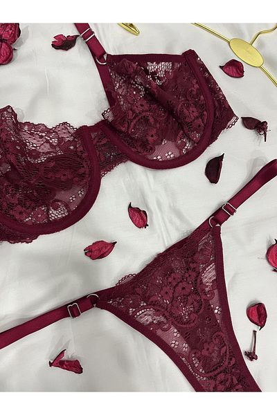mendoza store Set sutien cu închidere metalică florală Brode Burgundy