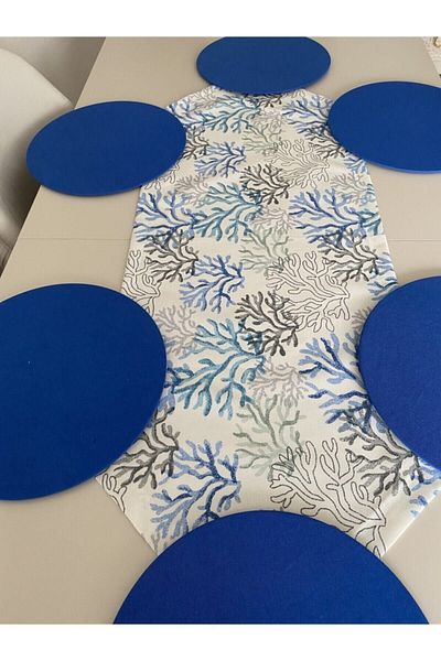 stay home American Service Blue Coral Patterned Runner and 6-Piece Charger Set