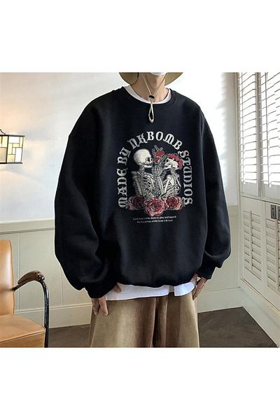 Touz Skulls In Love εμπριμέ μαύρο φούτερ Unisex Oversize Crew Neck