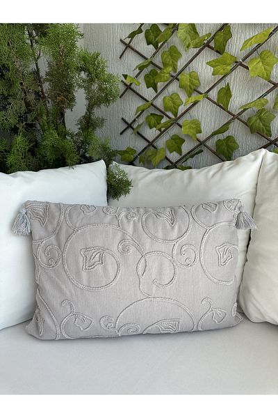 Decamor home Husă de pernă gri cu detaliu de broderie și ciucuri