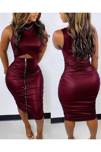 hipnoz butik KADIN MİDİ BOY DERİ ELBİSE