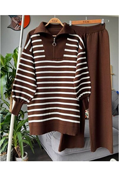 TCN Huqe Collar Zippered Balloon Sleeve Knitwear Set 8060