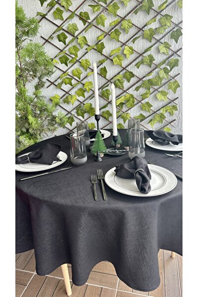 Decamor home Linen Textured Glitter Black Linen Textured Round Tablecloth (Napkin Not Included)