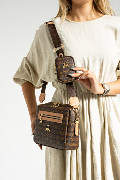 GP GUES POLO Kadın Siyah Taba Cüzdanlı Monogram Yazılı Çapraz Çantası