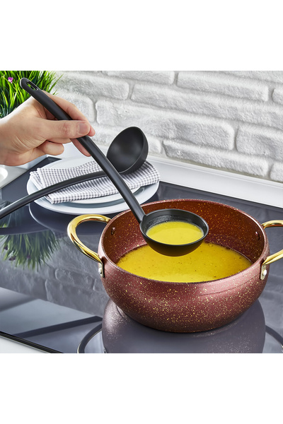 Sekiz8 4 Piece Fireproof Non-Stick Teflon Colander, Ladle, Spoon, Spatula Set Black-Grey