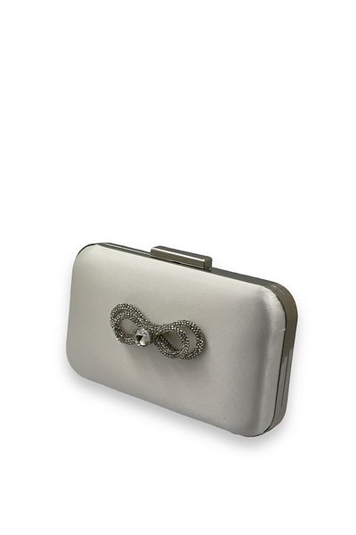 Biçanta Mother of Pearl Εκρού Χρώμα Σατέν Ασημένια Θήκη με Ασημένια Πέτρα Βραδινό Φόρεμα Τσάντα Βραδινή Τσάντα Αρραβωνιαστικό Γάμου