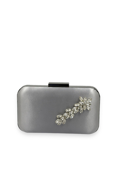 Biçanta Geantă elegantă gri argintiu din material satin cu carcasă argintie ș...