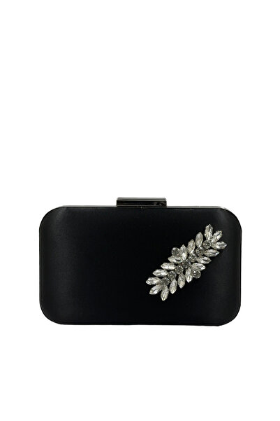 Biçanta Geantă elegantă neagră din material satin cu carcasă argintie și piet...