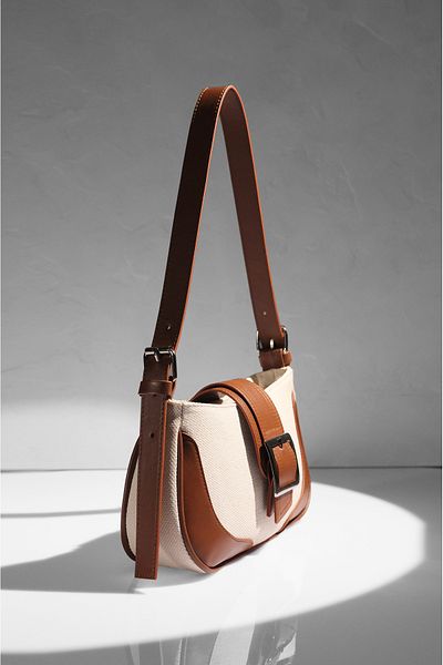 Rimense Tan Linen Buckle Hand and Shoulder Bag