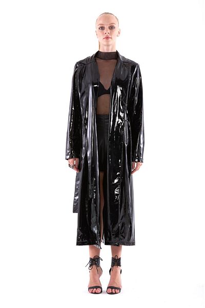 THIMOON Bright Belted Faux Leather Trench Coat