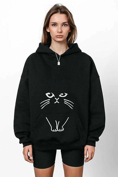 NEW MODA Cat Printed Hooded Sweatshirt