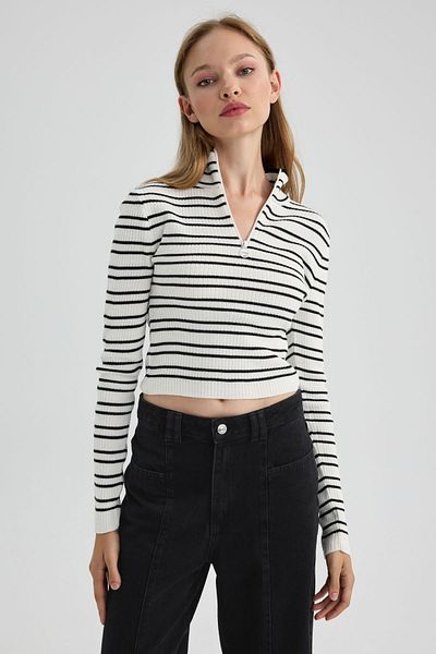 DeFacto Slim Fit stojáček na zip s pruhovaným úpletovým svetrem A8150Ax23Au