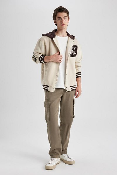 DeFacto Oversize Fit College Collar Bomber Printed Soft Lined Cardigan