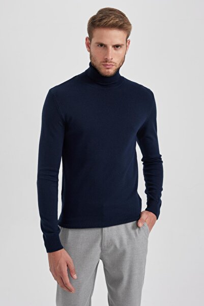 DeFacto Πουλόβερ με μονόχρωμο πλεκτό με λεπτή εφαρμογή Navy Blue R1124az23wn