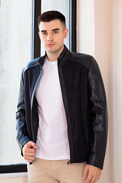 Hodore Petro Lacivert Süetli Hakiki Erkek Deri Ceket