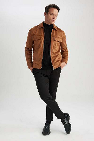 DeFacto Slim Fit Polo Suede Παλτό με λαιμόκοψη