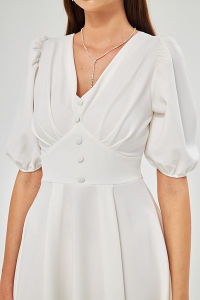 vuvutasarım Stretchy Atlas Fabric V-Neck Button Detailed Waist-Length Midi Length Flared Cut White Evening Dress 422