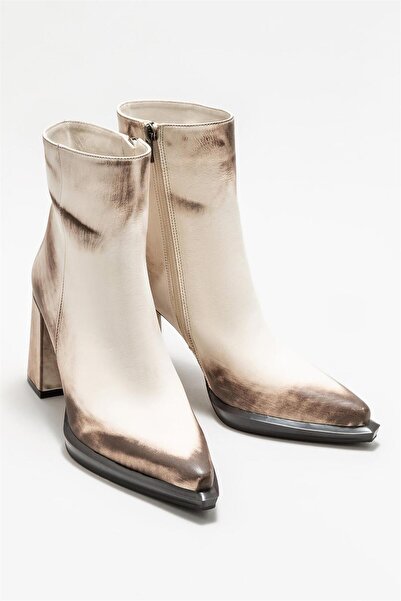 Elle Shoes Ekru Deri Kadın Topuklu Bot