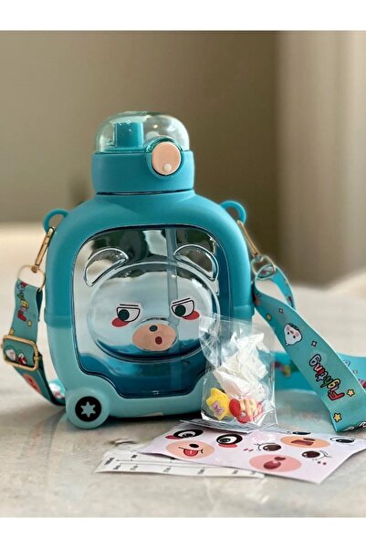 Klein Home زجاجة مياه ملونة لطيفة على شكل دب للأطفال سعة 1 لتر مع حزام للرقبة...