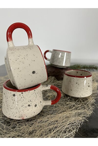 Seramik Plus Handmade Ceramic Spray Decorated Red Detailed Coffee Mug 225 ML