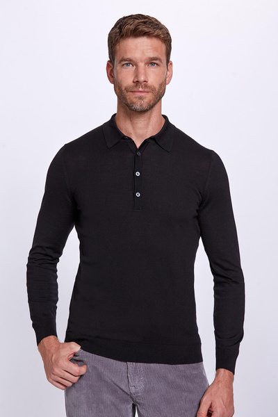 Hemington Polo Yaka Siyah Merino Yün Triko Kazak