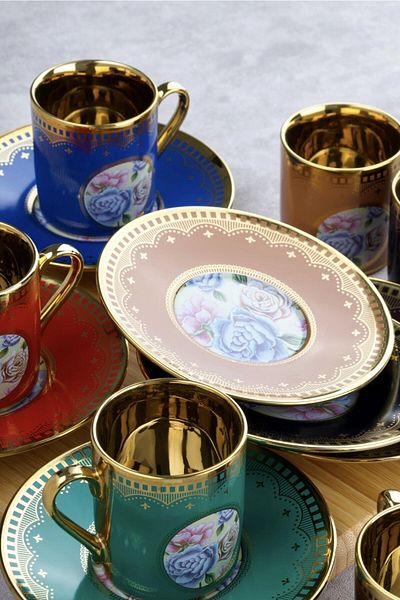 ACAR Colorful Gold 6-Person Porcelain Coffee Cup Set with Marquise Figure 0109