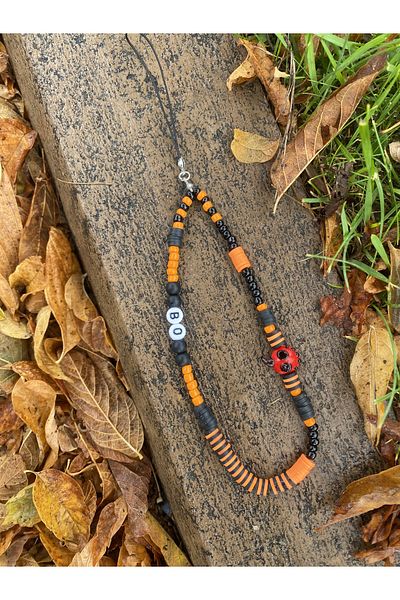Stoneday Halloween Orange Black with Pumpkin Figure Fimo Sand Beads Phone Strap Ornament Charm