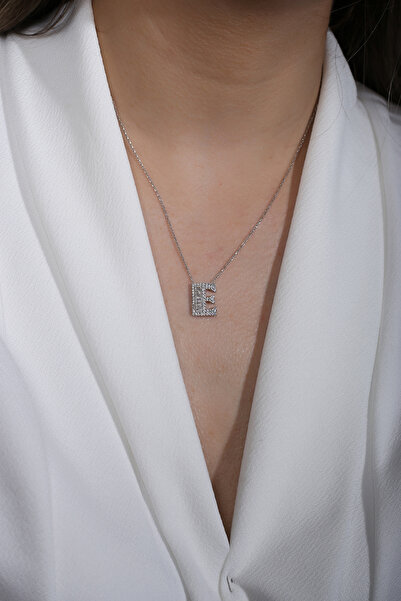 SUNSHINE 925 Ayar Rodyum Kaplamalı Pırlanta Görünümlü E Harfi Gümüş Kolye