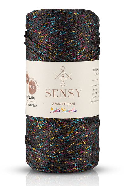 SENSY Multi Sparkle Glitter 200 gr Polyester Macrame Thread Dark Gray 2 Mm - 230 M Bag thread
