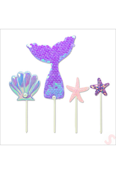 Süsle Baby Party Deniz Kızı Pul Payetli Pasta Süsü, 4'lü Set - Mor