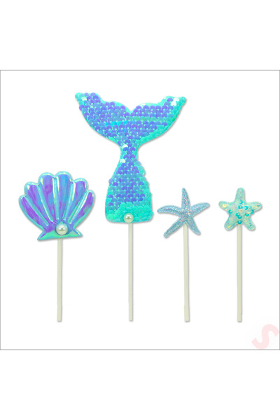 Süsle Baby Party Deniz Kızı Pul Payetli Pasta SüSü, 4'lü SET - Mavi
