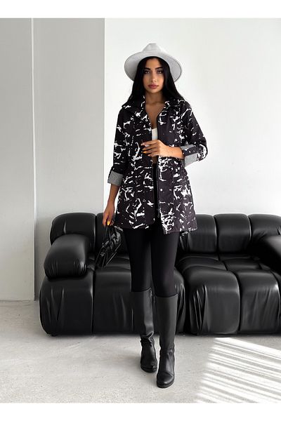 diaves Women's Marble Patterned Side Gathered Foldable Sleeve Lined Trench Coat