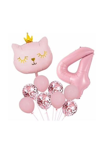 parti sürprizi Crowned Pink Cat 4 Year Old Foil Balloon Set