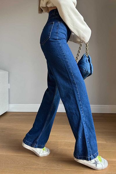 LİMABEL Tmavě modré dámské volné kalhoty z lycry 90's Super High Loose Leg Denim Palazzo