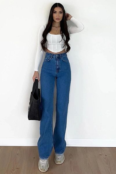 LİMABEL Pantaloni palazzo din denim cu picior largi, în lycra, anii 90, de culoare albastru mediu