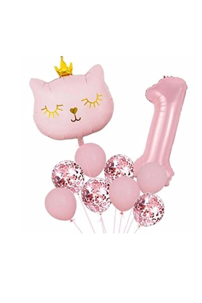 parti sürprizi Taçlı Pembe Kedi 1 Yaş Folyo Balon Set