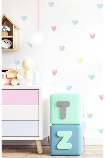 Sim Tasarım Pastel Watercolor Hearts Wall Sticker Set