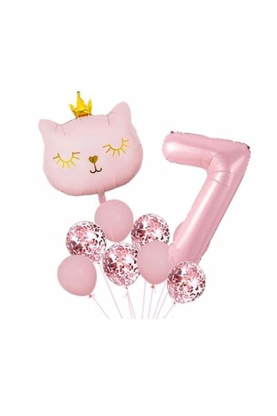 parti sürprizi Crowned Pink Cat 7 Years Old Foil Balloon Set