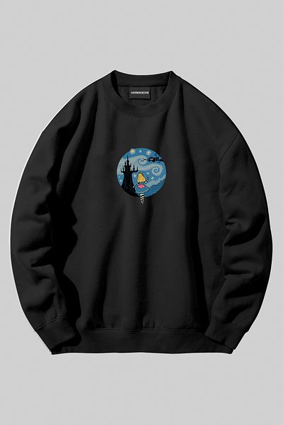 Harmandar Starry Night Alice Printed Unisex Black Crew Neck Sweatshirt