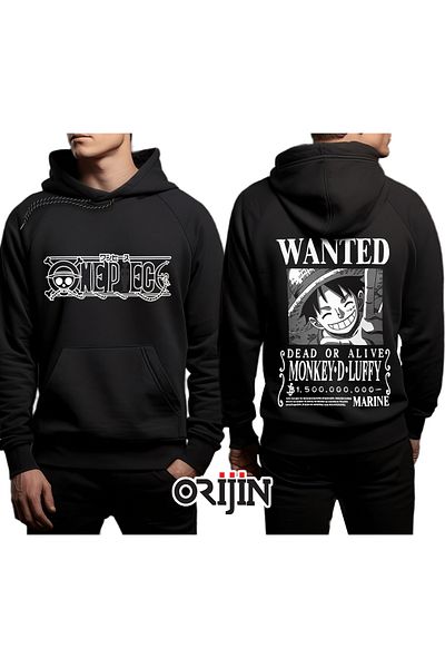 Orijin Tekstil One Piece Monkey D. Luffy Wanted Черен суичър с щампи отпред и отзад