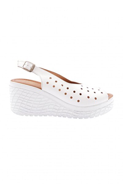 DGN White Genuine Leather Wedge Heeled Sandals - 291183219