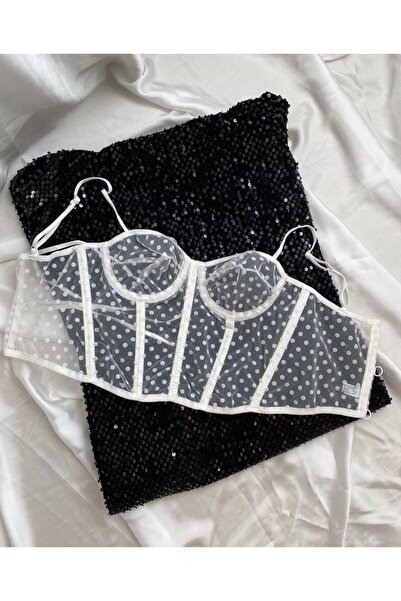 Dante Kadın Desteksiz Puantiyeli Balenli Beyaz Vintage Korse