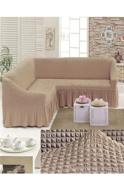 FurkanTicaret 1 Piece Flexible and Elastic L Corner Sofa Cover - Wrapped Fabric and Skirt